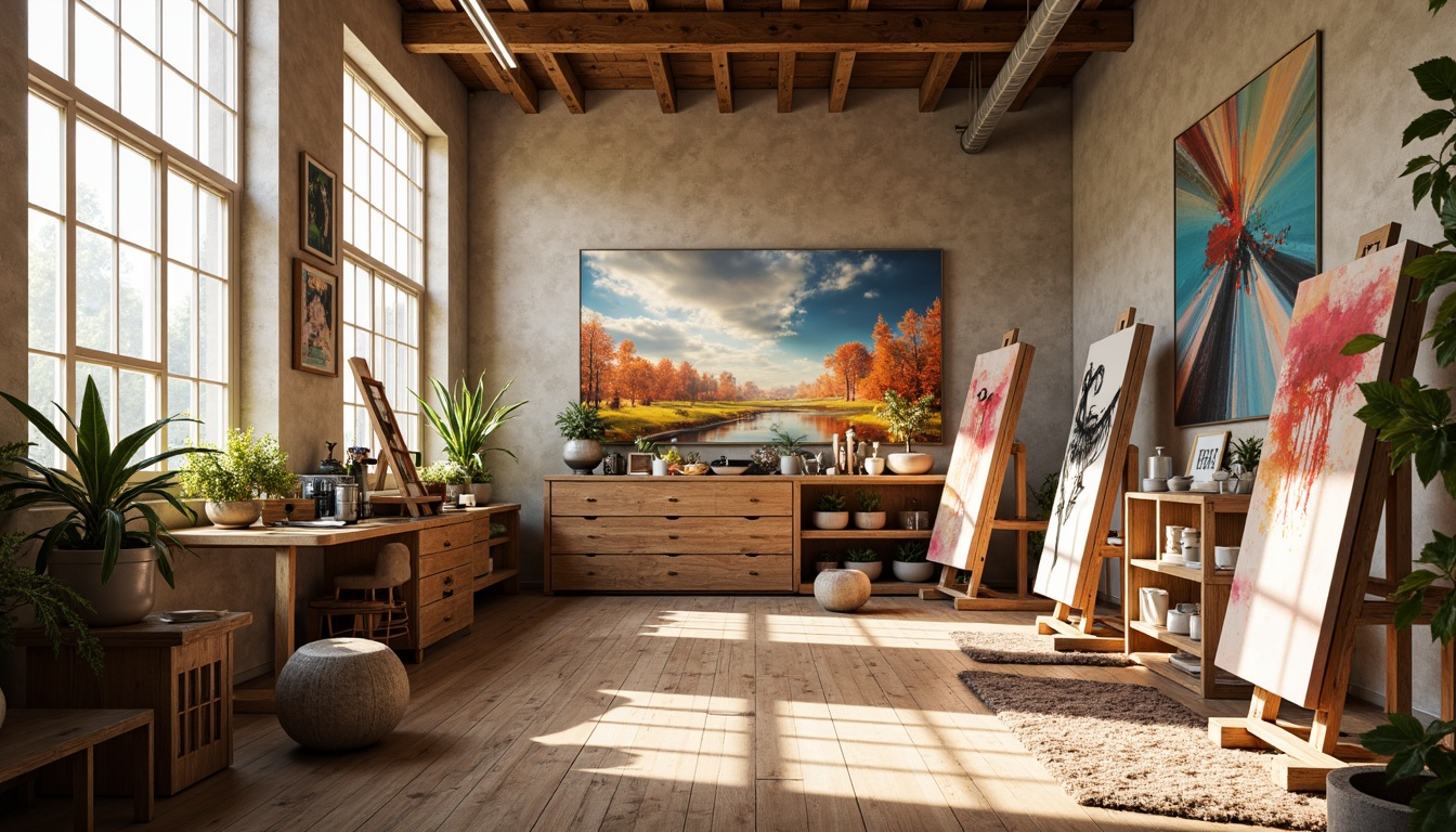 Prompt: Vibrant art studio, eclectic color palette, bold brushstrokes, textured canvases, artistic easels, natural wood floors, large windows, soft diffused lighting, pastel hues, rich jewel tones, metallic accents, warm beige backgrounds, moody dark shades, bright pop colors, creamy whites, earthy terracottas, subtle gradient effects, 1/2 composition, atmospheric perspective, realistic color blending.