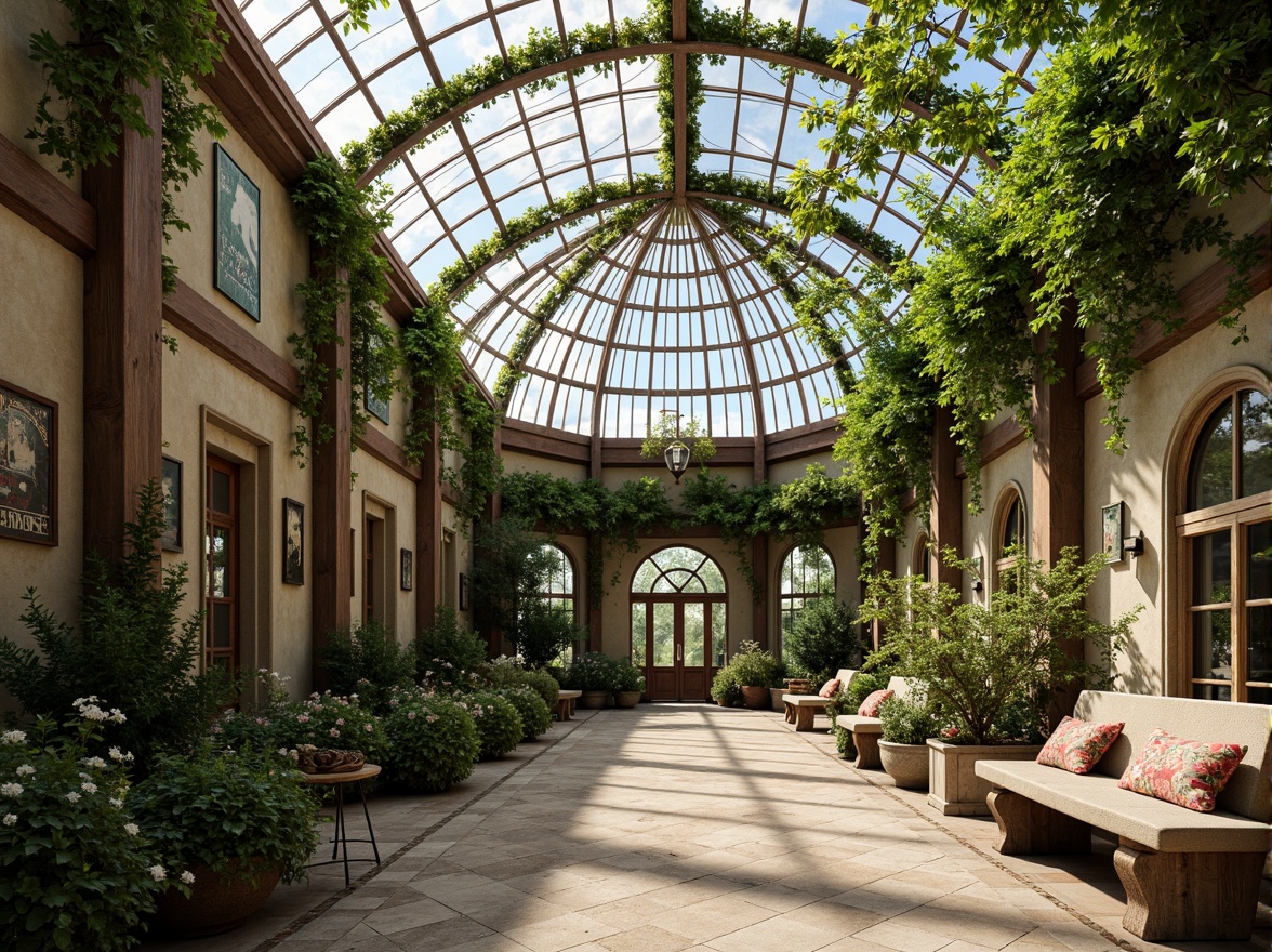 Prompt: Ornate greenhouse facades, curved glass panels, lush green walls, vintage botanical prints, distressed wood frames, metal trellises, climbing vines, floral patterns, soft natural light, warm earthy tones, rustic stone foundations, whimsical garden benches, intricately carved wooden doors, arched windows, Mediterranean-inspired tile work, ornamental ironwork, serene courtyard spaces, 1/2 composition, shallow depth of field, realistic textures, ambient occlusion.