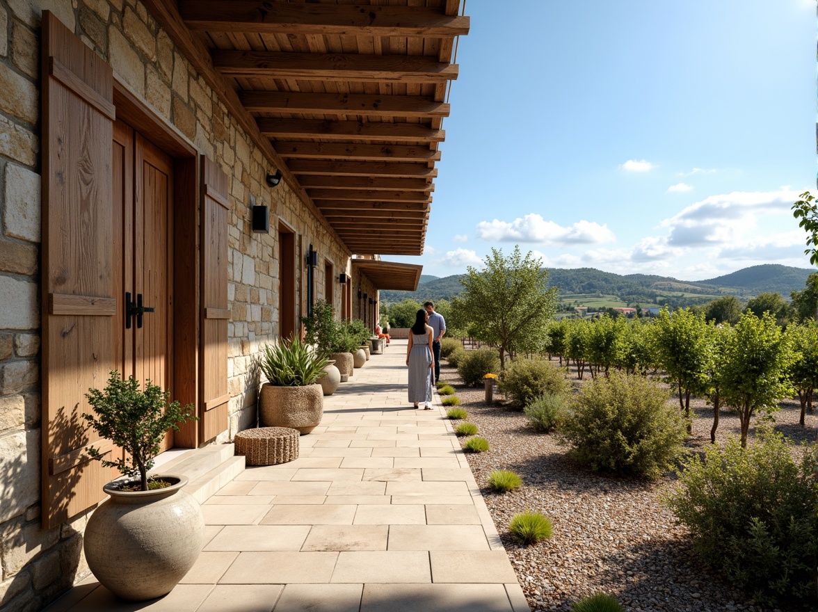 Prompt: Rustic winery, natural stone walls, wooden accents, weathered wood doors, metal cladding, corrugated roofs, earthy tones, olive greenery, lush vineyards, rolling hills, clear blue sky, warm sunny day, soft diffused lighting, shallow depth of field, 3/4 composition, panoramic view, realistic textures, ambient occlusion.