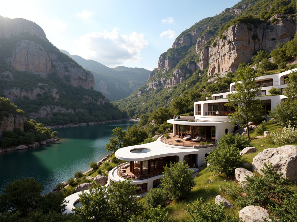 Prompt: Mountainous terrain, rugged cliffs, serene lakeside, lush greenery, natural stone walls, curved modern architecture, cantilevered roofs, floor-to-ceiling windows, minimalist design, eco-friendly materials, sustainable energy solutions, solar panels, water conservation systems, green roofs, shaded outdoor spaces, misting systems, vibrant colorful textiles, intricate geometric motifs, warm sunny day, soft warm lighting, shallow depth of field, 3/4 composition, panoramic view, realistic textures, ambient occlusion.