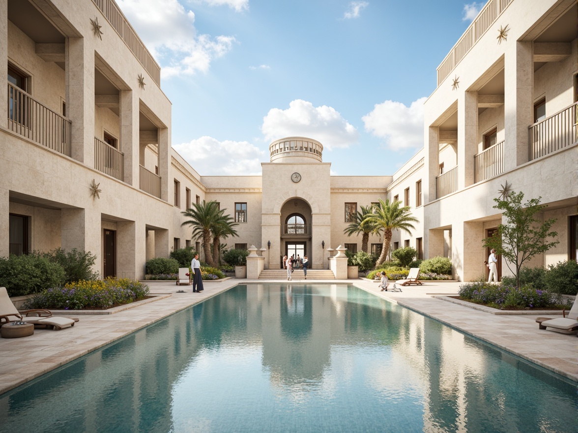 Prompt: Grand symmetrical entrance, majestic columns, ornate archways, reflective pools, identical twin towers, radial balance, perfect bilateral symmetry, classical Greek inspiration, creamy white marble, polished chrome accents, subtle shading, soft warm lighting, 1/1 composition, central axis, flawless mirror-like reflections, ambient occlusion, realistic textures.