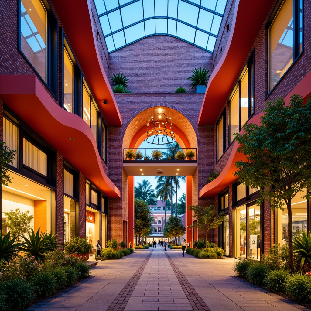 Prompt: Vibrant shopping center, eclectic style facade, bold color schemes, intricate geometric patterns, ornate metalwork, grand entrance archways, sweeping curves, dynamic LED light installations, reflective glass surfaces, angular brick details, modern minimalist accents, lush green walls, tropical plant arrangements, warm golden lighting, shallow depth of field, 1/1 composition, realistic textures, ambient occlusion.