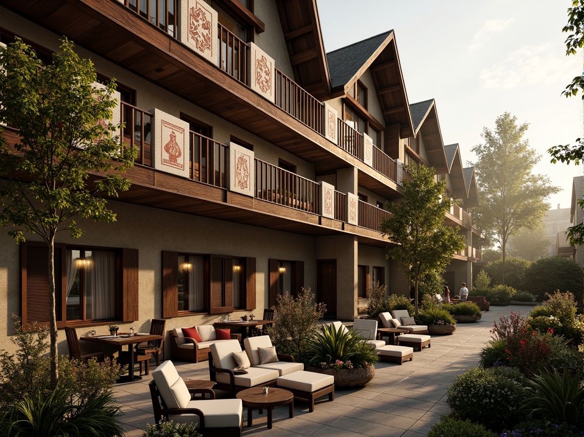 Prompt: Rustic hotel facade, earthy tones, natural stone cladding, wooden accents, steeply pitched roofs, charming balconies, ornate metal railings, regional patterned textiles, warm inviting lighting, cozy outdoor seating areas, lush greenery, blooming flowers, misty morning atmosphere, soft golden sunlight, shallow depth of field, 2/3 composition, realistic textures, ambient occlusion.Please let me know if this meets your requirements!