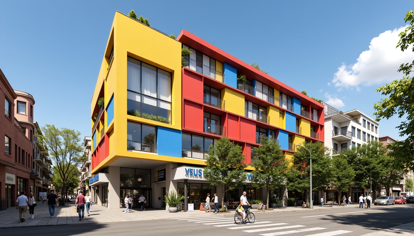 Prompt: Vibrant primary colors, bold typography, rectangular forms, industrial materials, functional simplicity, minimal ornamentation, open floor plans, large windows, natural light, geometric shapes, abstract patterns, rational design, urban landscape, modern cityscape, sunny day, high contrast lighting, shallow depth of field, 3/4 composition, panoramic view, realistic textures, ambient occlusion.