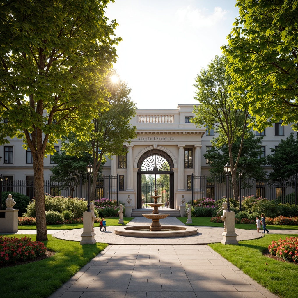 Prompt: Elegant youth center, grand entrance gates, ornate iron fences, lush green lawns, walking paths, classical statues, symmetrical gardens, vibrant flower beds, tiered fountains, decorative lamp posts, soft warm lighting, shallow depth of field, 1/1 composition, realistic textures, ambient occlusion.