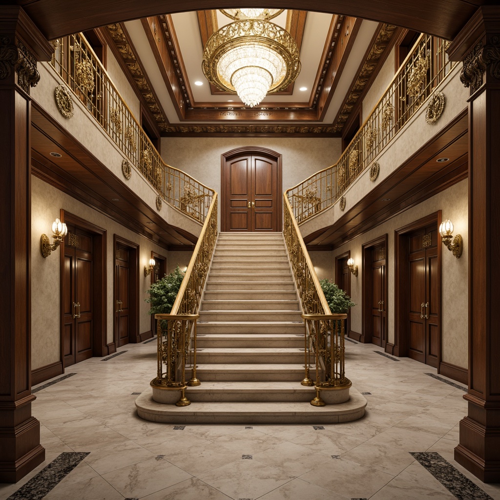 Prompt: Elegant balustrades, ornate metalwork, polished bronze handrails, grand staircase, lavish interior design, luxurious mansion, crystal chandelier, marble flooring, intricate carvings, curved lines, regal atmosphere, soft warm lighting, 1/1 composition, shallow depth of field, realistic textures, ambient occlusion.