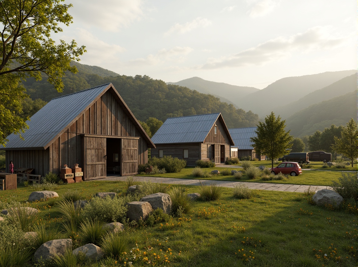 Prompt: Rustic barn, weathered wooden facade, corrugated metal roofs, vintage farm equipment, rolling hills, lush green meadows, wildflowers, serene rural landscape, misty morning atmosphere, soft warm lighting, shallow depth of field, 3/4 composition, panoramic view, realistic textures, ambient occlusion, natural stone pathways, reclaimed wood accents, distressed finishes, postmodernist architectural elements, asymmetrical forms, bold color contrasts, eclectic decorative items, whimsical sculptures, playful typography.