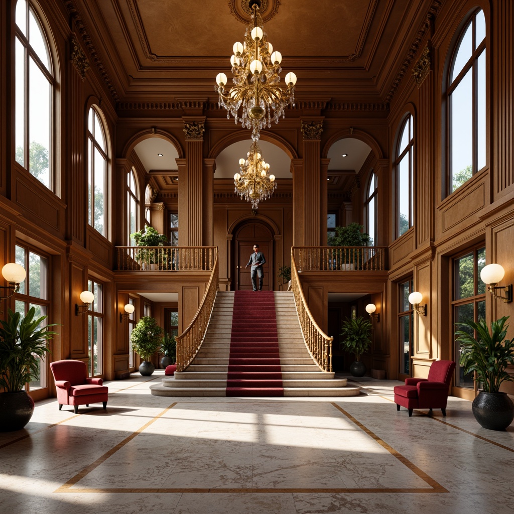 Prompt: Elegant neoclassical mansion, grand foyer, sweeping staircase, ornate chandeliers, marble flooring, rich wood paneling, gilded frames, lavish furnishings, plush velvet upholstery, intricate carvings, classical columns, arched windows, soft warm lighting, subtle shading, 1/1 composition, symmetrical arrangement, realistic textures, ambient occlusion.