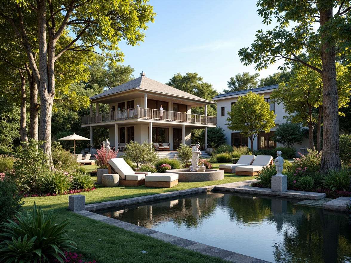 Prompt: Luxurious villa, serene gardens, tranquil ponds, walking paths, ornate fountains, lush greenery, vibrant flowers, elegant statues, refined outdoor furniture, comfortable seating areas, soft warm lighting, shallow depth of field, 3/4 composition, panoramic view, realistic textures, ambient occlusion.