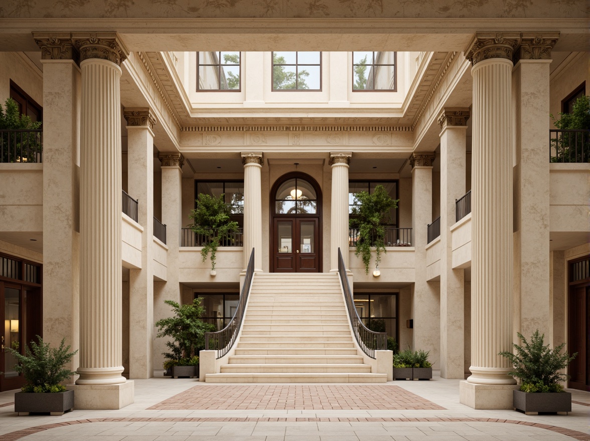 Prompt: Grandiose hospital entrance, majestic columns, symmetrical facade, ornate details, limestone walls, grand staircases, high ceilings, intricate moldings, neoclassical architecture, harmonious proportions, perfect symmetry, balanced composition, warm beige tones, soft natural light, subtle shadows, shallow depth of field, 1/1 composition, realistic textures, ambient occlusion.