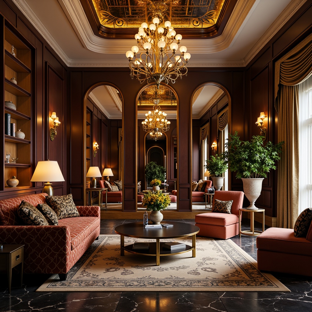 Prompt: Luxurious living room, opulent furnishings, metallic accents, geometric patterns, ornate mirrors, velvet upholstery, lavish chandeliers, marble floors, rich wood paneling, bold color schemes, statement lighting fixtures, sophisticated textures, glamorous ambiance, 1920s-inspired decor, curved lines, symmetrical compositions, warm golden lighting, shallow depth of field, 2/3 composition, realistic reflections, ambient occlusion.