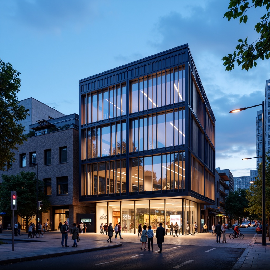 Prompt: Modern community center, high-tech facade, sleek metal cladding, LED lighting strips, futuristic glass windows, minimalist entrance design, geometric patterns, vibrant neon colors, urban landscape, bustling streets, evening ambiance, soft warm glow, shallow depth of field, 3/4 composition, panoramic view, realistic textures, ambient occlusion.