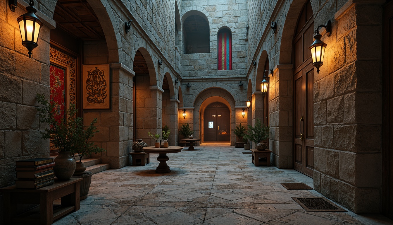 Prompt: Weathered stone walls, ornate carvings, rustic wooden doors, vibrant tapestries, intricate mosaics, distressed metal accents, worn leather-bound tomes, ornamental lanterns, mystical ambiance, soft warm lighting, atmospheric fog, high contrast shadows, 1/1 composition, symmetrical framing, realistic textures, ambient occlusion.