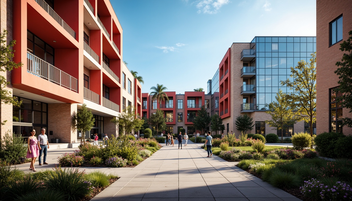 Prompt: Vibrant university campus, modern fusion architecture, bold color palette, bright coral accents, deep blue tones, warm beige stone walls, sleek glass fa\u00e7ades, abstract art installations, lush greenery, blooming flowers, ornate metal railings, eclectic mix of materials, futuristic LED lighting, shallow depth of field, 1/1 composition, panoramic view, realistic textures, ambient occlusion.