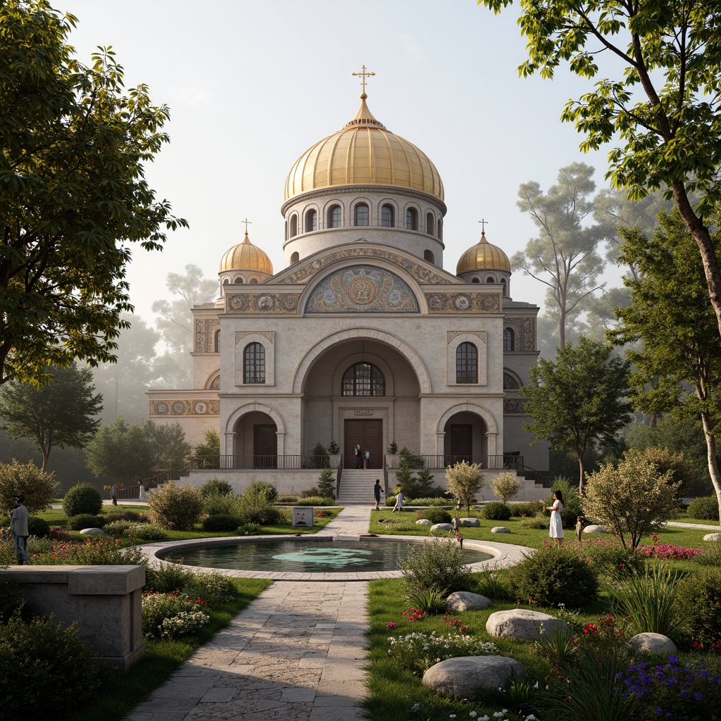 Prompt: Majestic Byzantine church, intricately carved stone facades, golden domes, ornate mosaics, lush greenery, blooming flowers, serene water features, natural stone pathways, ancient olive trees, misty morning atmosphere, soft warm lighting, shallow depth of field, 3/4 composition, panoramic view, realistic textures, ambient occlusion.