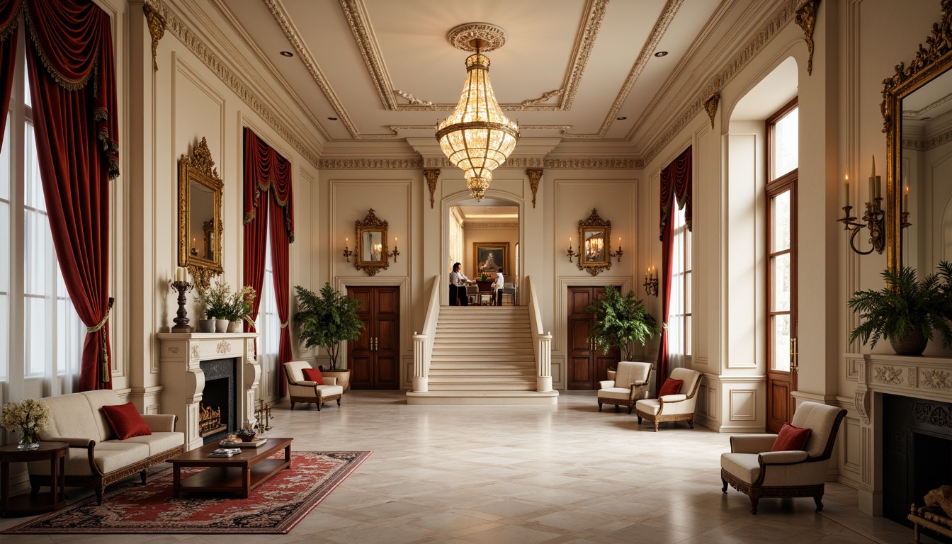 Prompt: Elegant mansion, ornate chandeliers, luxurious velvet drapes, intricate molding details, marble floors, grand staircase, lavish furnishings, rich wood paneling, soft warm lighting, shallow depth of field, 1/1 composition, realistic textures, ambient occlusion, inviting atmosphere, comfortable seating areas, ornamental fireplaces, classical columns, carved wooden doors, subtle patterned rugs, creamy white walls, golden accents, sophisticated color palette.