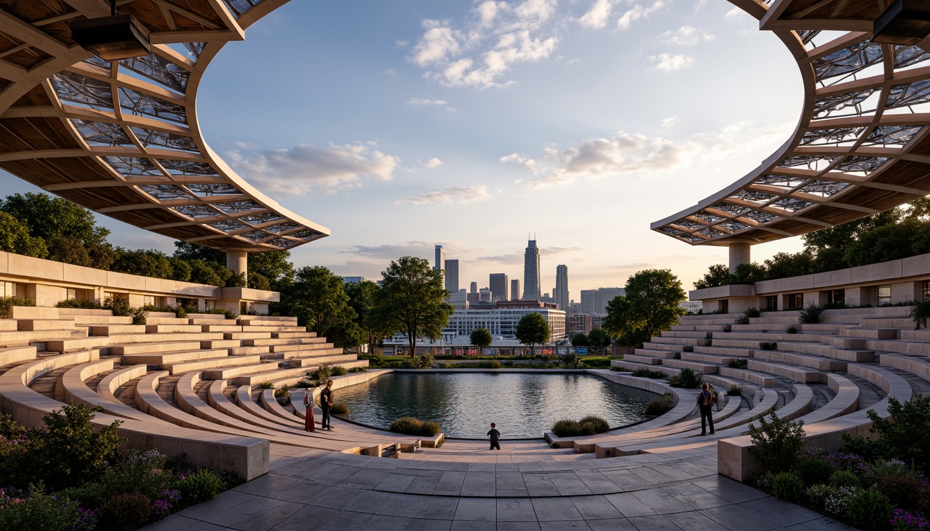 Prompt: Grandiose amphitheater, sweeping curves, futuristic fusion architecture, gleaming metal accents, translucent canopies, undulating seating, vibrant LED lighting, dynamic sound systems, lush green roofs, cascading water features, urban cityscape backdrop, warm golden hour, soft diffused light, shallow depth of field, 2/3 composition, aerial view, realistic reflections, ambient occlusion.