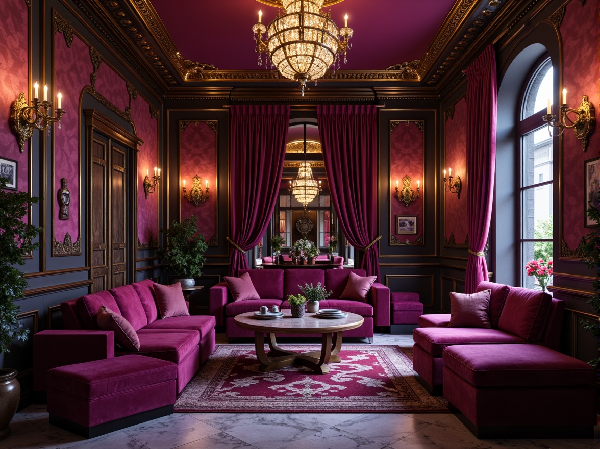 Prompt: Rich plum tones, luxurious velvet fabrics, ornate gold accents, mystical purple hues, whimsical bronze details, dramatic crimson shades, lavish jewel-toned walls, intricate marble patterns, opulent crystal chandeliers, warm candlelight ambiance, 3/4 composition, shallow depth of field, soft focus, vibrant color contrast, realistic textures.