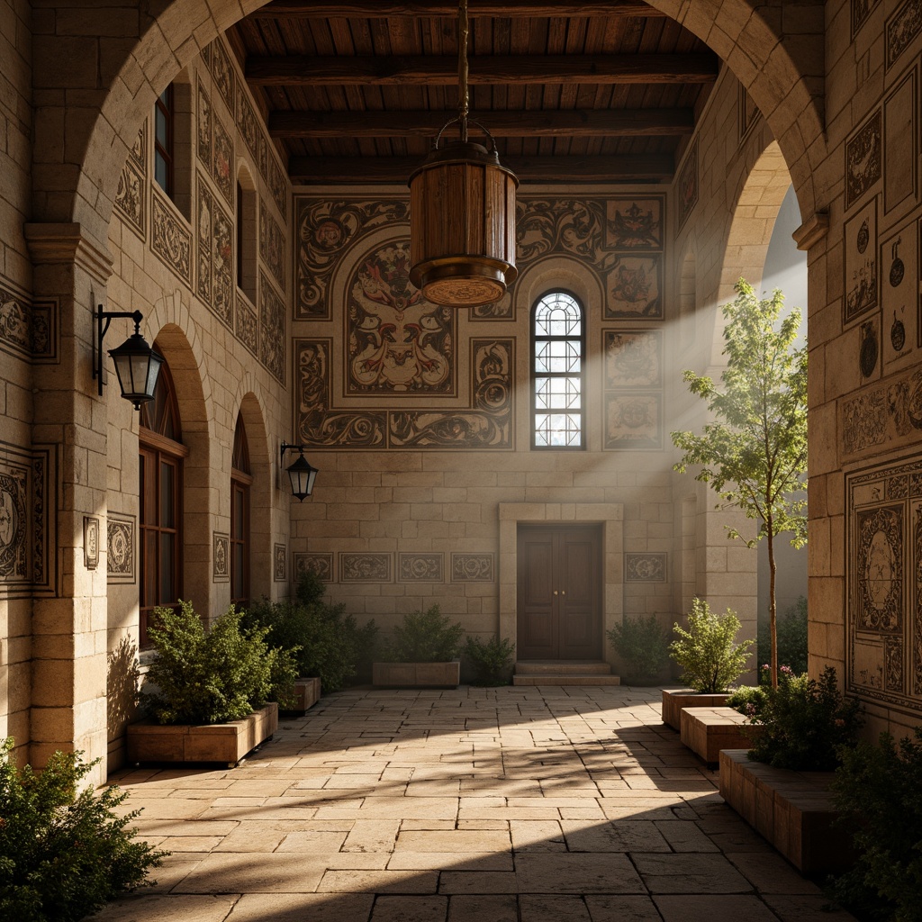 Prompt: Ancient monastery walls, worn stone surfaces, ornate carvings, distressed wood textures, mystical symbols, faded frescoes, intricate mosaics, vaulted ceilings, stained glass windows, rustic metal accents, lantern-inspired lighting, atmospheric mist, warm golden light, shallow depth of field, 1/2 composition, cinematic color grading, realistic ambient occlusion.