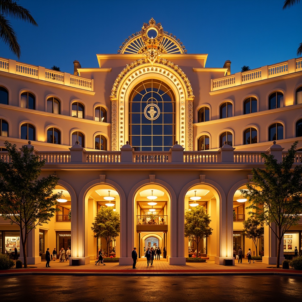 Prompt: Grand casino facade, ornate details, luxurious golden accents, elegant curves, neoclassical columns, grandiose archways, vibrant LED lighting, dynamic water features, majestic entrance, red carpet, sophisticated signage, intricate stonework, modern academic touches, subtle Art Deco influences, symmetrical composition, shallow depth of field, 1/1 aspect ratio, warm evening ambiance, soft golden lighting.