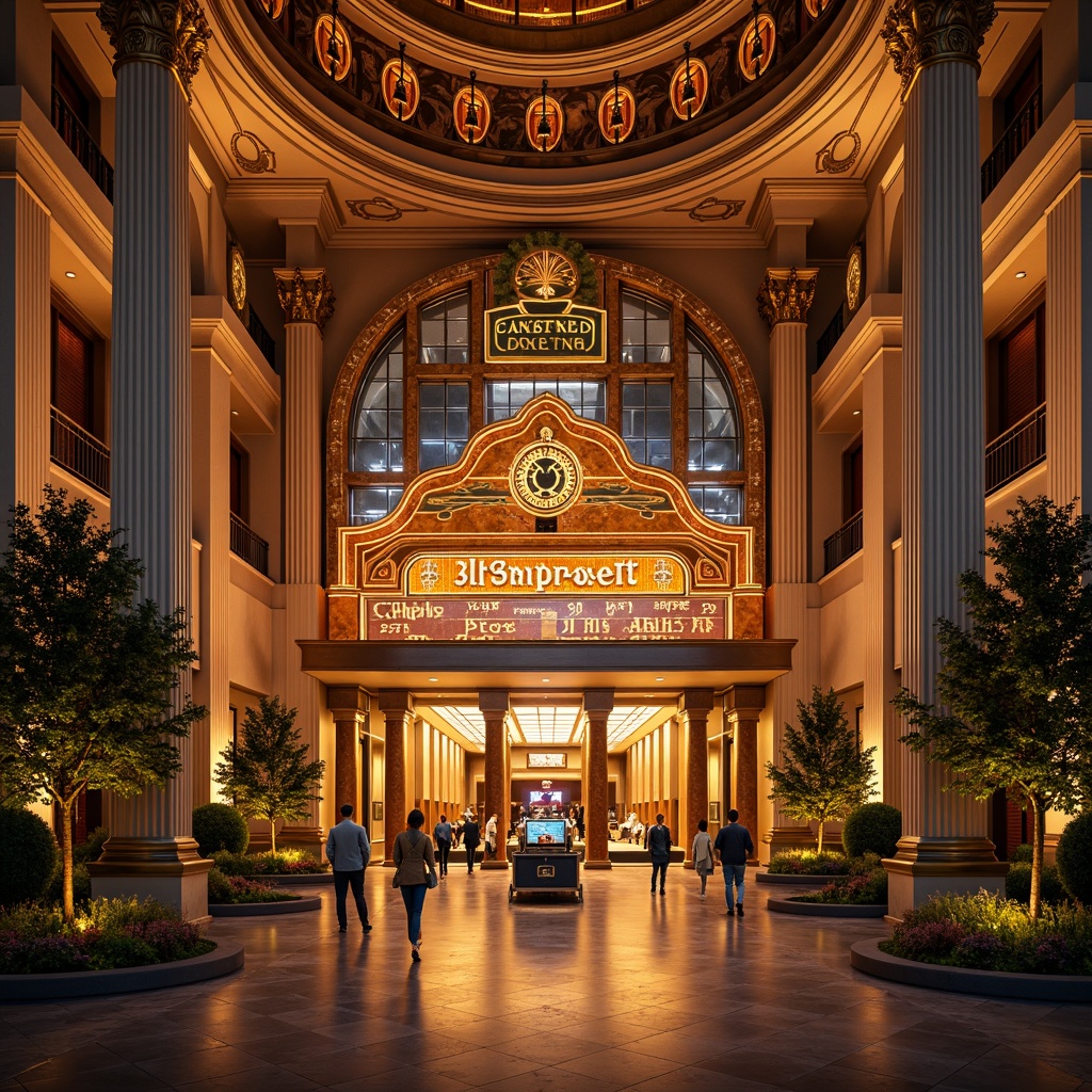 Prompt: Grandiose casino facade, ornate decorations, lavish details, dramatic archways, towering pillars, intricate stonework, majestic entrance, vibrant LED lights, glittering signage, luxurious materials, rich textures, academic-inspired architecture, neoclassical elements, subtle Art Deco influences, elegant curves, sophisticated lines, warm golden lighting, shallow depth of field, 1/2 composition, cinematic perspective, realistic reflections.