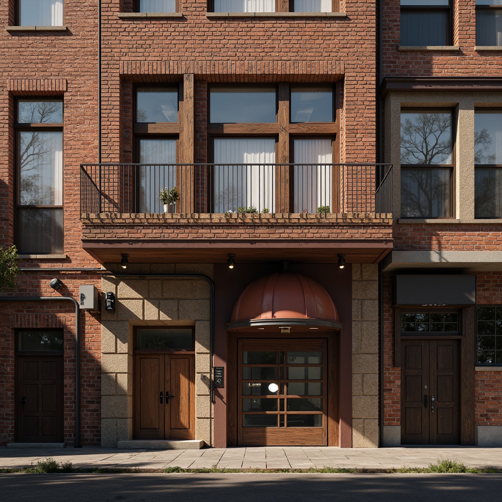 Prompt: Industrial brick facade, rusty metal accents, reclaimed wood elements, vintage windows, exposed ductwork, urban loft atmosphere, regionalist architectural style, distressed concrete textures, earthy color palette, warm soft lighting, shallow depth of field, 1/1 composition, gritty realistic rendering, ambient occlusion, atmospheric misting effect.