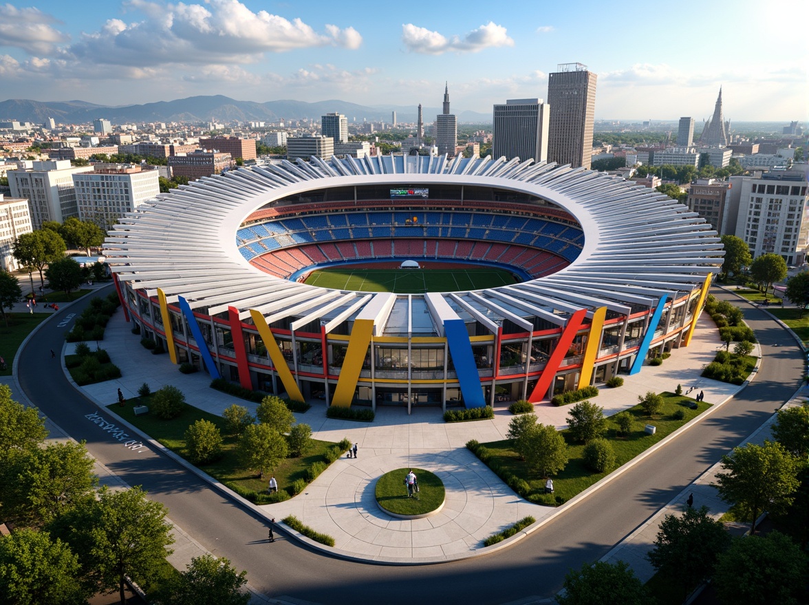 Prompt: Vibrant football stadium, fusion architecture style, curved lines, dynamic shapes, metallic materials, bold color schemes, LED lighting systems, cantilevered roofs, grand entrance gates, spacious concourses, tiered seating areas, lush greenery, urban cityscape, sunny afternoon, dramatic shadow effects, high-contrast lighting, wide-angle lens, 2/3 composition, abstract textures, realistic reflections.