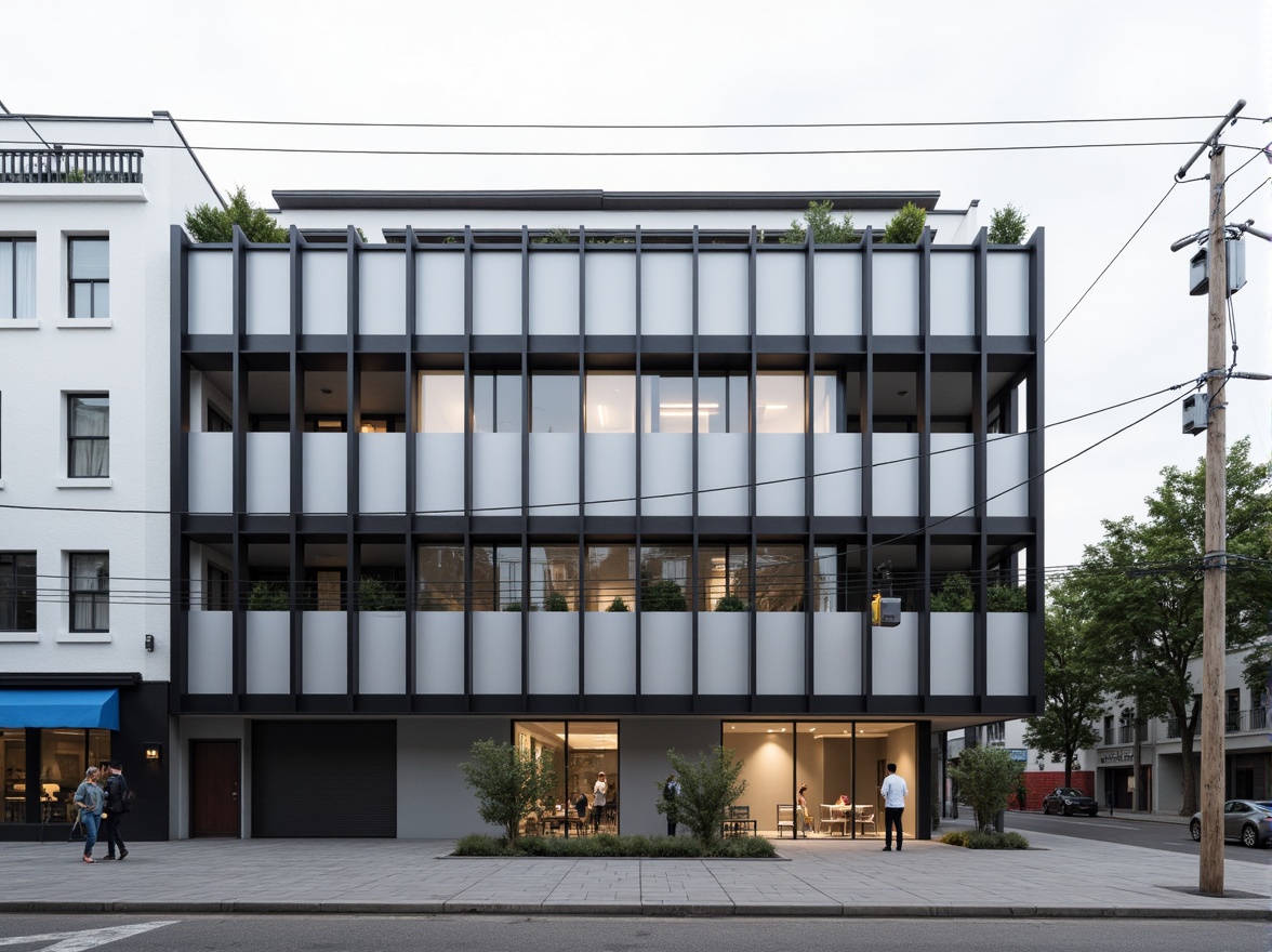 Prompt: Monochromatic facade, clean lines, minimal ornamentation, rectangular forms, large glass windows, industrial metal frames, subtle texture variations, calm urban atmosphere, overcast sky, soft diffused lighting, shallow depth of field, 2/3 composition, realistic material rendering, ambient occlusion, modern simplicity, functional aesthetics.