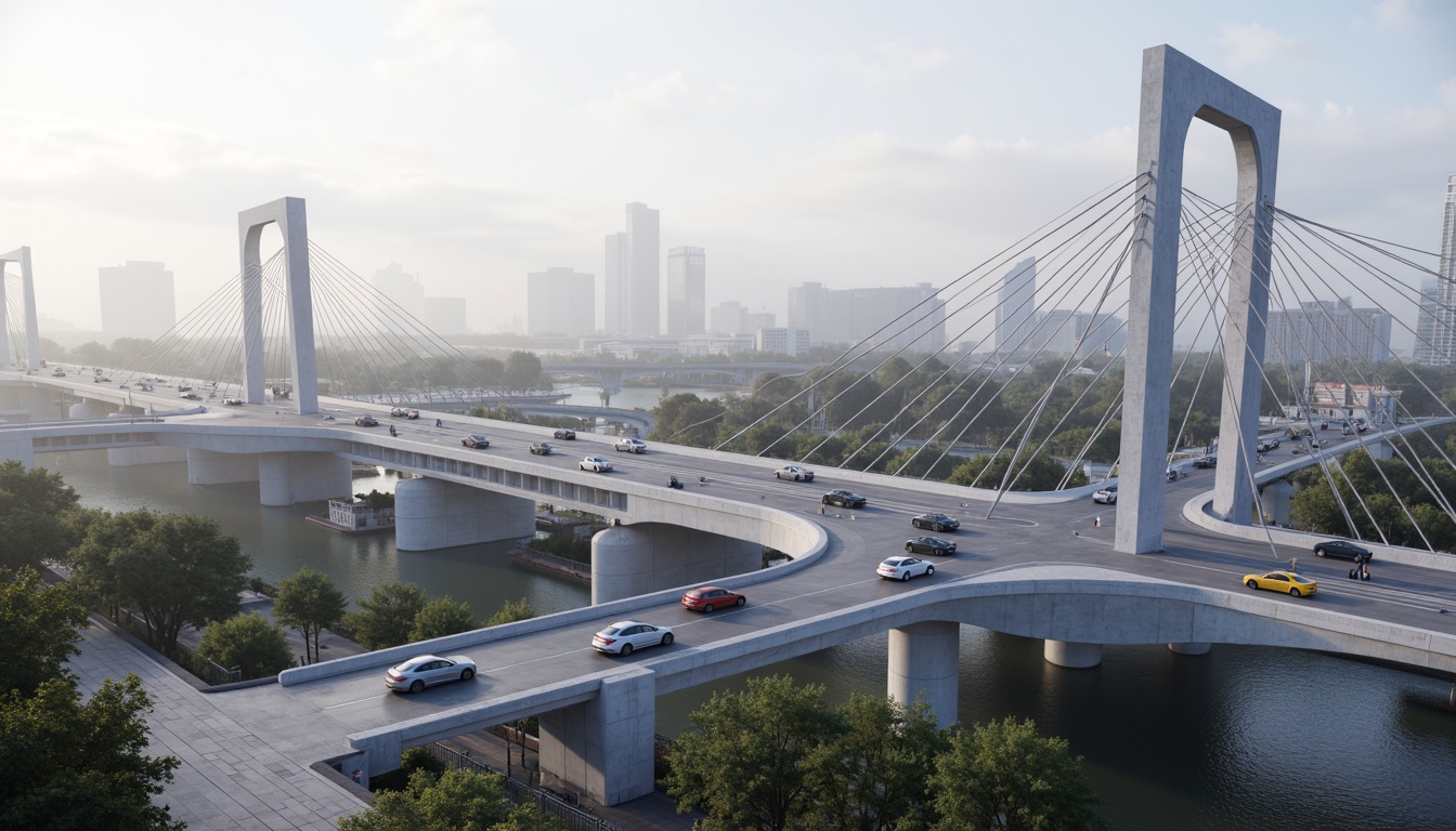 Prompt: Futuristic vehicular bridge, sleek metallic beams, cantilevered roadways, suspension cables, modern arches, geometric piers, urban cityscape, morning fog, soft misty lighting, shallow depth of field, 1/2 composition, realistic reflections, ambient occlusion, detailed rivets, steel textures, concrete foundations, dynamic motion blur, fast-paced traffic flow.