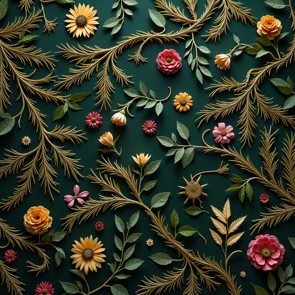 Prompt: Intricate botanical patterns, sinuous lines, flowing curves, ornate decorations, organic forms, luxurious materials, velvet textures, jewel-toned colors, golden accents, natural motifs, whiplash tendrils, florid ornaments, asymmetrical compositions, dynamic perspectives, shallow depth of field, 1/1 composition, soft warm lighting, realistic renderings, ambient occlusion.