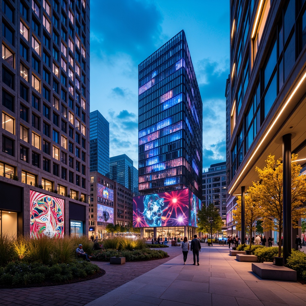 Prompt: Vibrant cityscape, modern high-rise buildings, bold color accents, neon lights, LED installations, sleek glass facades, geometric patterns, abstract murals, urban street art, concrete pedestrian walkways, metallic benches, minimalist landscaping, dynamic nighttime illumination, cinematic depth of field, 1/2 composition, low-angle shot, dramatic shadows, atmospheric fog effects.