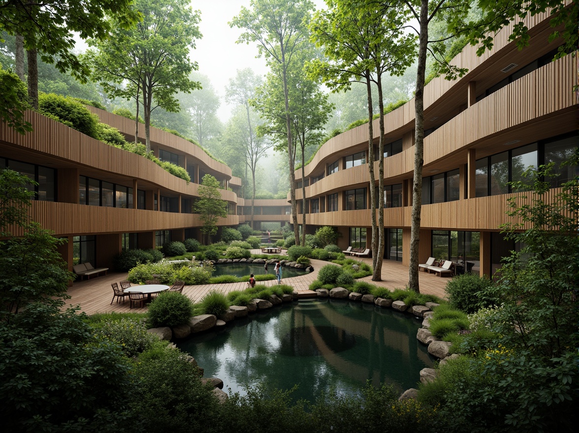 Prompt: Seamless forest integration, organic building forms, curved wooden structures, lush green roofs, living walls, native tree species, dappled sunlight, misty atmosphere, earthy color palette, natural stone foundations, cantilevered walkways, suspended bridges, minimal environmental impact, bioluminescent lighting, soft misting systems, 1/1 composition, intimate forest views, realistic foliage textures, ambient occlusion.