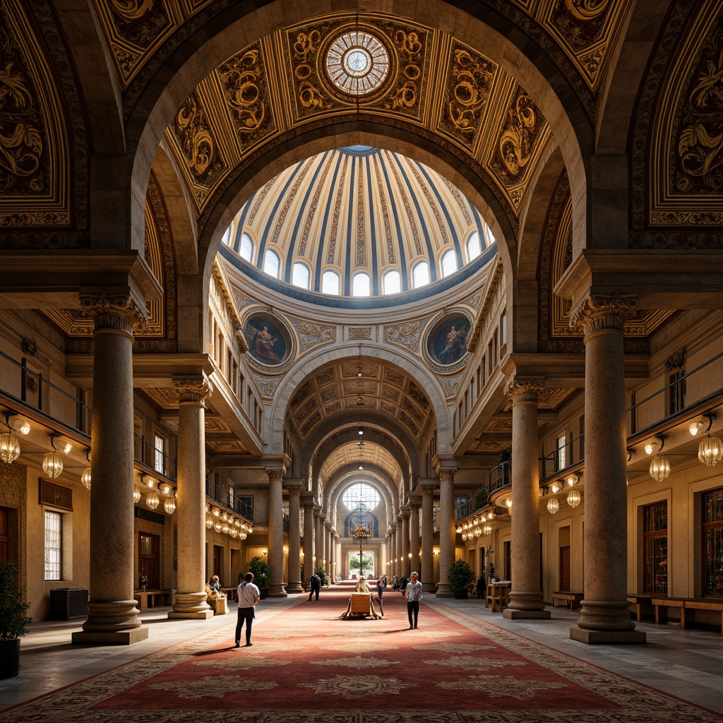 Prompt: Intricate Byzantine arches, ornate stone carvings, majestic dome structures, grand cathedral interiors, golden mosaics, richly patterned textiles, solemn atmospheric lighting, soft warm glow, shallow depth of field, 3/4 composition, panoramic view, realistic textures, ambient occlusion.