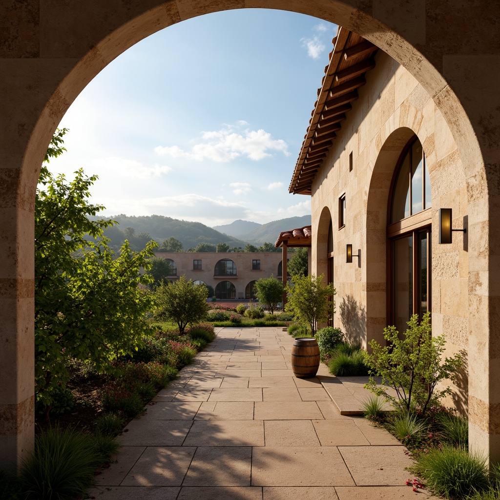 Prompt: Rustic winery building, lush green vines, weathered wooden accents, earthy tones, terracotta roofs, natural stone walls, curved archways, wooden barrels, wine cellar ambiance, soft warm lighting, shallow depth of field, 1/1 composition, serene atmosphere, realistic textures, ambient occlusion, rich woodgrain, muted gold metallic, warm beige stucco, velvety green foliage, misty morning fog, sun-drenched afternoon, panoramic vineyard view.