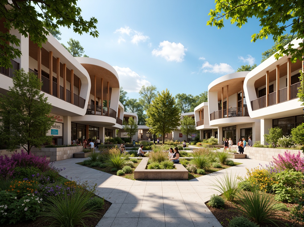 Prompt: Vibrant campus courtyard, lush greenery, blooming flowers, modern fusion architecture, curved lines, eclectic mix of materials, natural stone pathways, wooden benches, educational signs, outdoor amphitheater, stepped seating, open-air classrooms, cantilevered roofs, overhanging eaves, warm sunny day, soft diffused lighting, shallow depth of field, 3/4 composition, panoramic view, realistic textures, ambient occlusion.