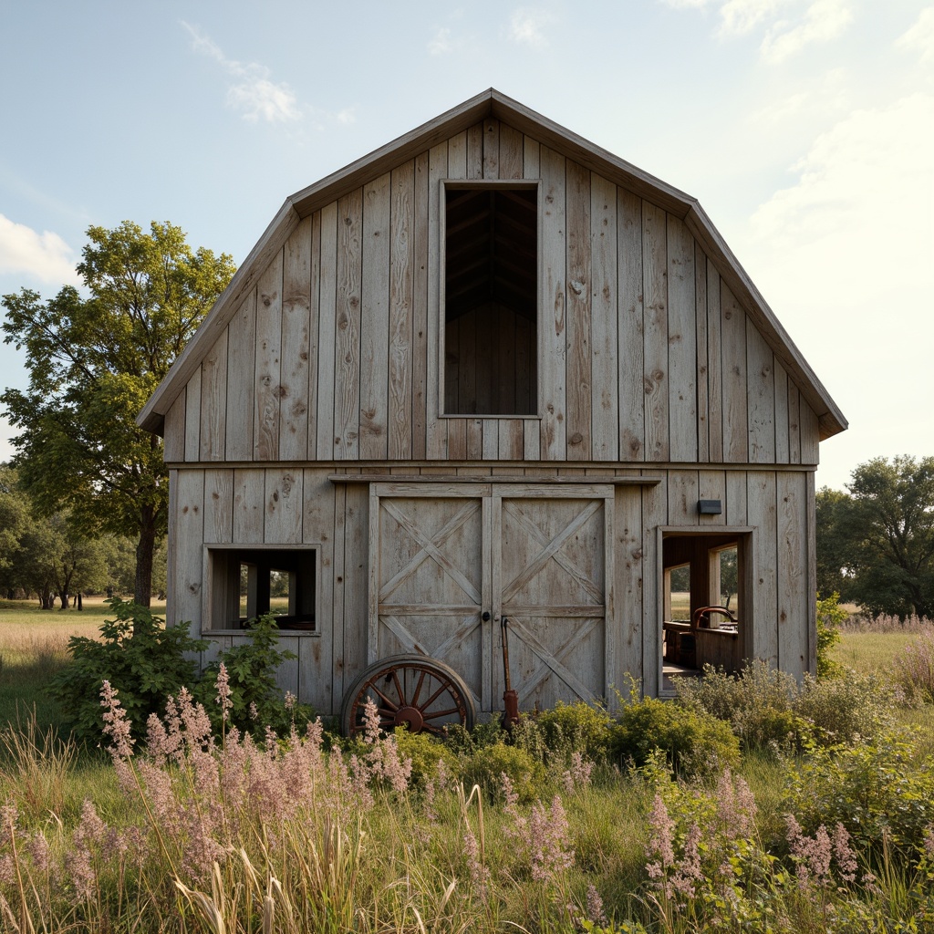 Prompt: Rustic barn, weathered wood textures, distressed metal accents, earthy tones, muted pastels, warm beige, soft sage, dusty rose, vintage agricultural equipment, overgrown wildflowers, rural landscape, sunny afternoon, soft natural lighting, shallow depth of field, 1/1 composition, symmetrical framing, realistic worn surfaces, ambient occlusion.