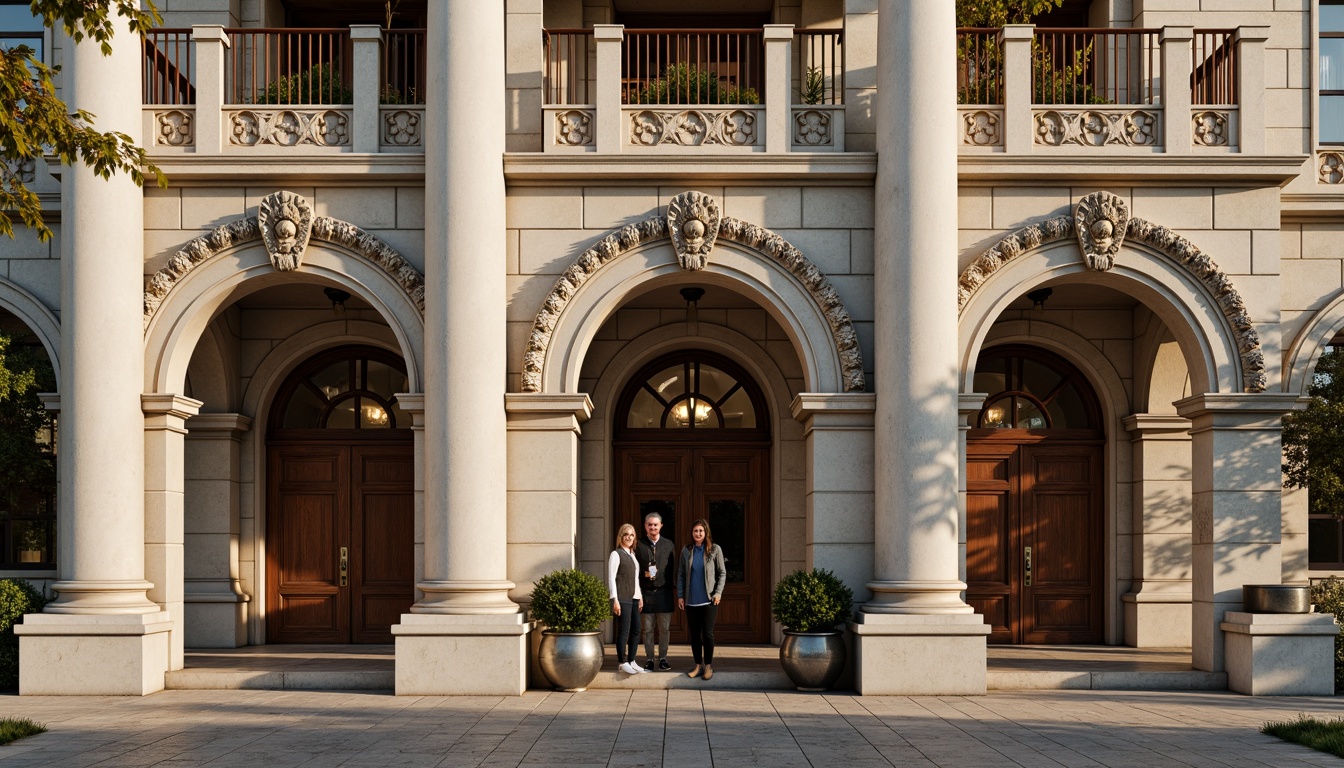 Prompt: Grandiose neoclassical building, imposing stone columns, ornate carvings, intricate moldings, symmetrical facade, rusticated quoins, arched windows, decorative pediments, classical orders, ionic capitals, carved marble details, gilded accents, lavish ornamentation, subtle gradations of texture, warm golden lighting, shallow depth of field, 1/2 composition, realistic materials, ambient occlusion.