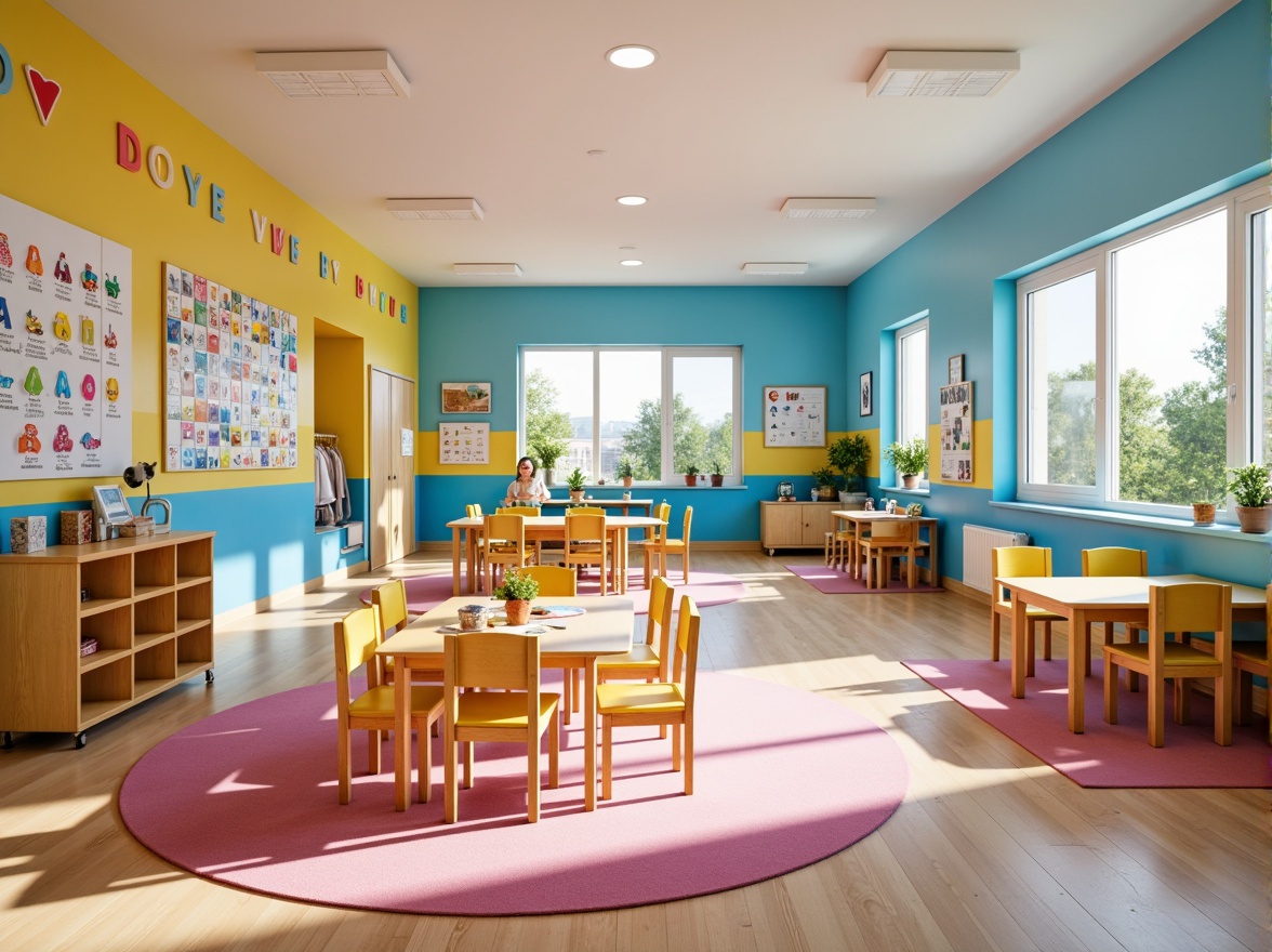 Prompt: Vibrant kindergarten classroom, warm beige walls, bright blue accents, playful yellow furniture, soft pink carpets, educational posters, colorful alphabet charts, child-friendly illustrations, wooden tables and chairs, natural light, shallow depth of field, 1/2 composition, realistic textures, ambient occlusion.