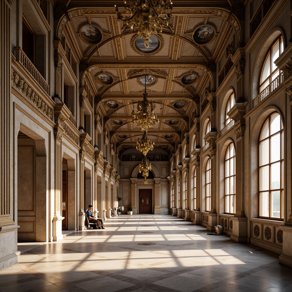 Prompt: Grand Renaissance palace, ornate archways, intricately carved stone walls, vaulted ceilings, majestic columns, ornamental cornices, golden accents, lavish chandeliers, marble floors, symmetrical composition, warm soft lighting, shallow depth of field, 1/2 composition, realistic textures, ambient occlusion.