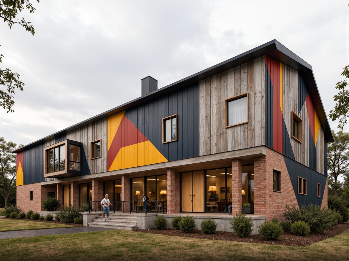 Prompt: Rustic barn, distressed wood, corrugated metal, weathered brick, asymmetrical facade, bold color blocking, abstract geometric patterns, oversized windows, industrial-style doors, reclaimed wood accents, modern farmhouse aesthetic, rural landscape, overcast sky, soft warm lighting, shallow depth of field, 2/3 composition, panoramic view, realistic textures, ambient occlusion.