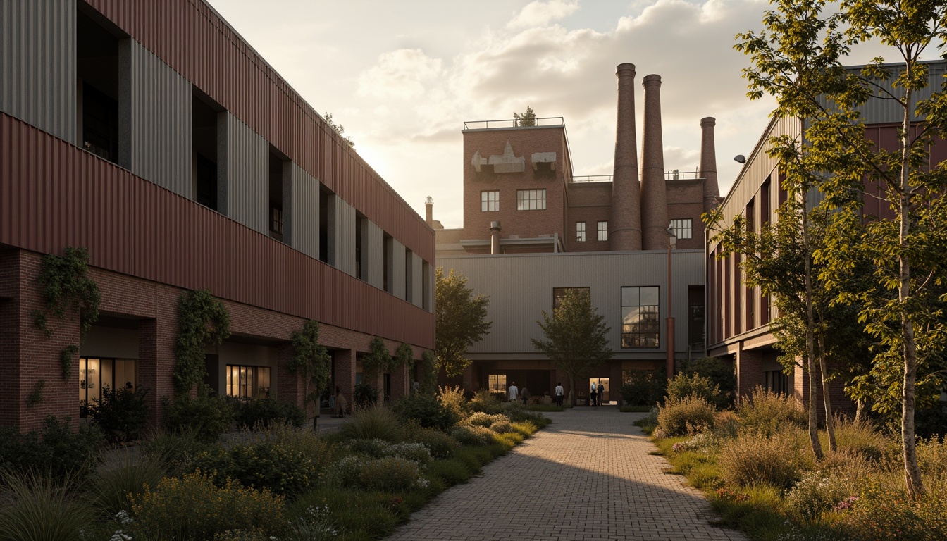 Prompt: Rustic industrial landscape, abandoned factory complex, distressed brick walls, corrugated metal cladding, decaying concrete structures, overgrown vegetation, crumbling chimneys, postmodernist architectural elements, bold geometric forms, fragmented fa\u00e7ade design, irregular window patterns, exposed ductwork, metallic pipes, worn wooden beams, nostalgic machinery relics, warm golden lighting, soft focus, shallow depth of field, 2/3 composition, cinematic atmosphere, realistic textures, subtle ambient occlusion.