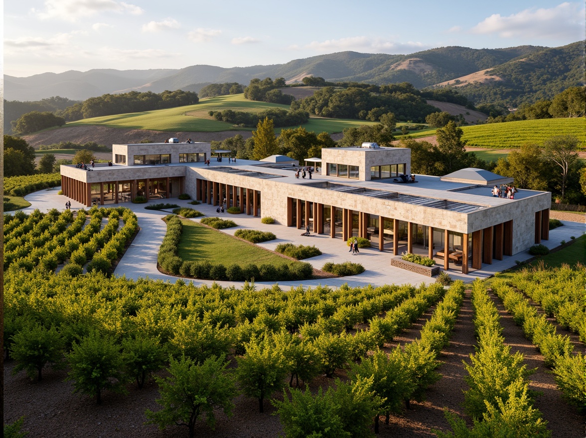 Prompt: Vineyard landscape, rolling hills, lush green vines, modern winery architecture, natural stone fa\u00e7ade, wooden accents, clerestory windows, skylights, solar tubes, light shelves, diffused lighting, warm ambiance, rustic interior design, earthy color palette, organic textures, living walls, green roofs, rainwater harvesting systems, grey water reuse, sustainable materials, minimalist decor, industrial chic elements, exposed ductwork, polished concrete floors, soft natural ventilation, cross ventilation strategies, passive solar design.