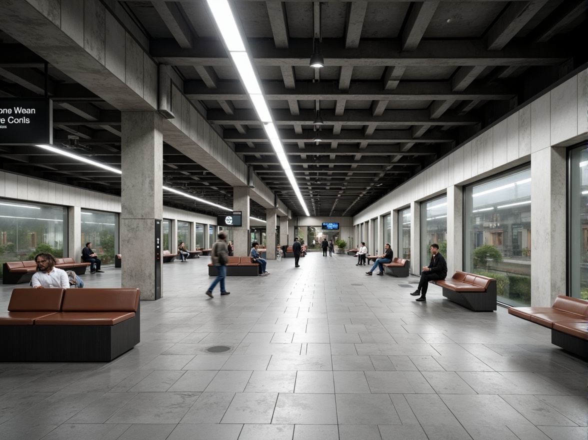 Prompt: Underground metro station, minimalist architecture, clean lines, simple shapes, industrial materials, concrete walls, steel beams, sleek glass panels, modern LED lighting, subtle color scheme, spacious waiting areas, comfortable benches, elegant signage, urban cityscape, morning rush hour, soft natural light, shallow depth of field, 1/2 composition, realistic textures, ambient occlusion.