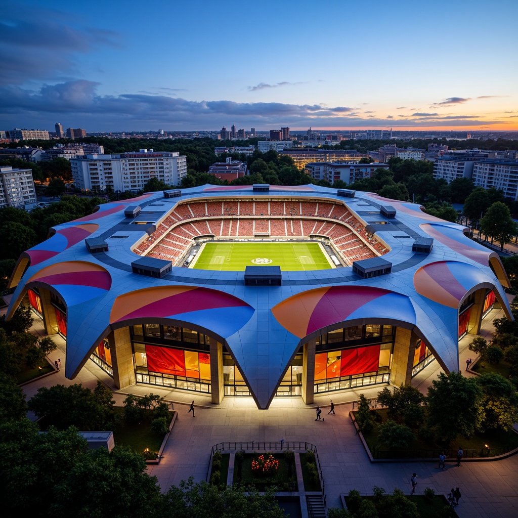 Prompt: Vibrant football stadium, fusion architecture style, curved lines, dynamic shapes, bold color schemes, sleek metallic fa\u00e7ade, retractable roof, grand entrance gates, floodlights, lush greenery, surrounding urban landscape, clear blue sky, dramatic sunsets, warm evening ambiance, shallow depth of field, 1/2 composition, panoramic view, realistic textures, ambient occlusion.