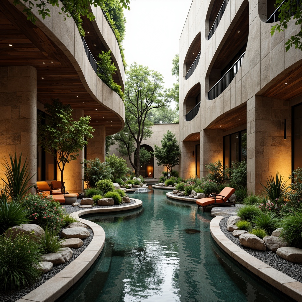 Prompt: Curved lines, organic forms, natural materials, exposed wooden beams, rustic stone walls, earthy colors, lush green roofs, living walls, bio-inspired columns, undulating canopies, flowing water features, misting systems, soft diffused lighting, shallow depth of field, 1/2 composition, warm atmospheric perspective, realistic textures, ambient occlusion.