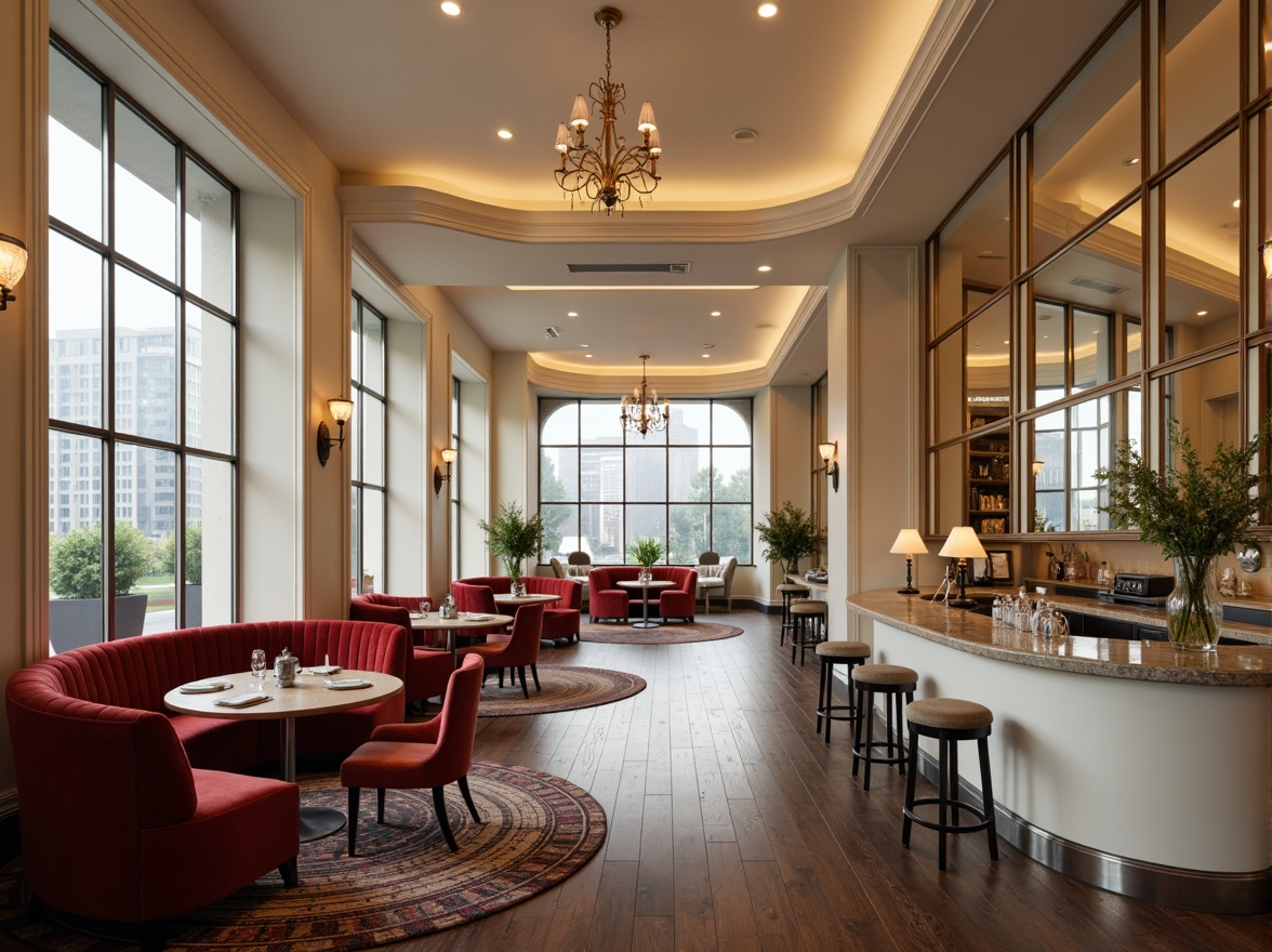 Prompt: Curved lines, minimalist decor, polished chrome accents, luxurious velvet upholstery, cream-colored walls, dark hardwood floors, elegant chandeliers, floor-to-ceiling windows, natural light pouring in, spacious open layout, flowing circulation path, circular dining tables, sleek chairs, ornate mirrors, metallic trim details, subtle patterned rugs, ambient warm lighting, 1/1 composition, shallow depth of field, soft focus effect.