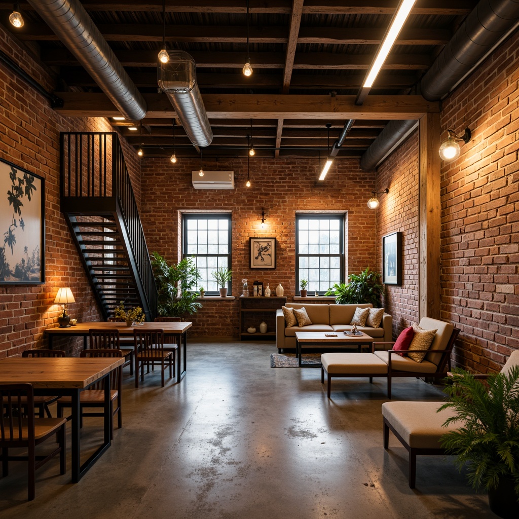 Prompt: Industrial-chic hostel, exposed brick walls, reclaimed wood accents, polished concrete floors, minimalist decor, Edison bulb lighting, metal staircase, urban loft atmosphere, cozy communal spaces, eclectic furniture arrangement, vintage decorative items, rustic wooden beams, earthy color palette, natural textiles, warm ambient lighting, shallow depth of field, 3/4 composition, realistic textures, ambient occlusion.