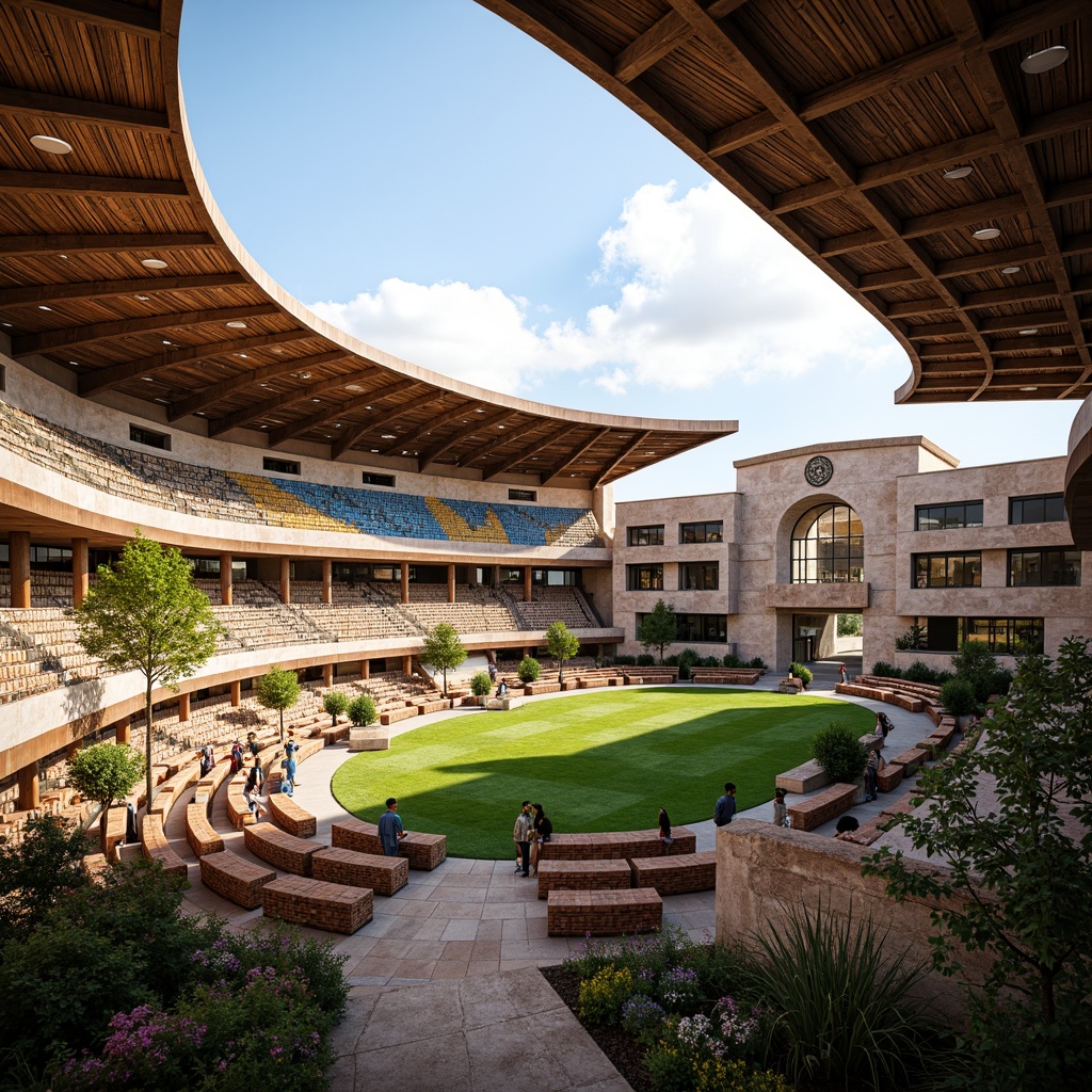 Prompt: Traditional stadium architecture, locally-sourced materials, earthy tones, natural stone facades, wooden accents, rustic steel beams, regional patterns, vibrant cultural colors, intricate mosaics, warm ambient lighting, shallow depth of field, 1/2 composition, panoramic views, realistic textures, ambient occlusion, lush greenery, blooming flowers, sunny day, soft warm lighting.