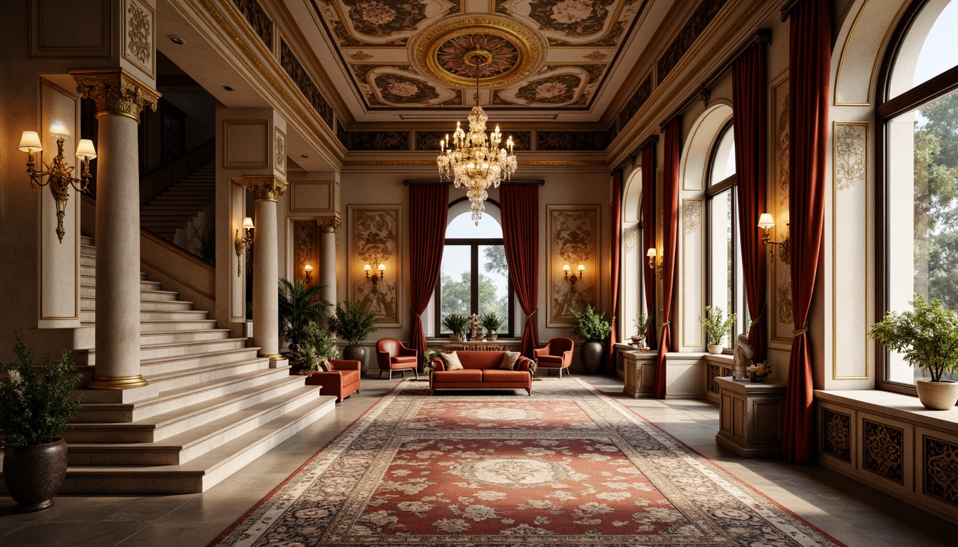 Prompt: Luxurious villa, ornate facade, intricate stone carvings, grand entrance gates, sweeping staircases, opulent chandeliers, richly patterned rugs, lavish furnishings, golden accents, velvet drapes, ornamental mirrors, fresco ceilings, marble columns, Baroque arches, symmetrical composition, soft warm lighting, shallow depth of field, 1/1 perspective, highly detailed textures, ambient occlusion.