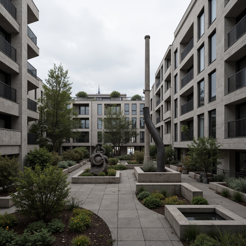 Prompt: Rugged concrete buildings, brutalist architecture, urban residential areas, open spaces, communal gardens, abstract sculptures, industrial pipes, exposed ductwork, raw concrete textures, geometric patterns, minimalist landscaping, mature trees, overcast skies, dramatic shadows, high contrast lighting, shallow depth of field, 1/2 composition, cinematic atmosphere.